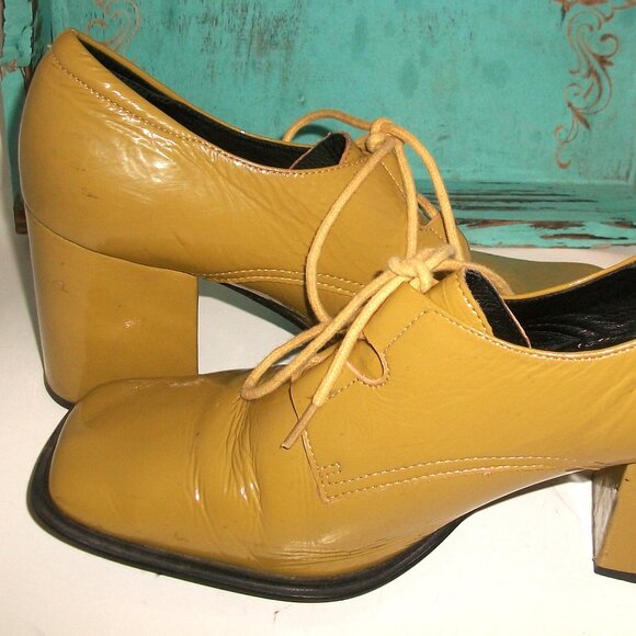Intentionally Blank L.A. Mustard-Patent Square Toe Lace Up Block Heel Pumps FAB! - Picture 6 of 11